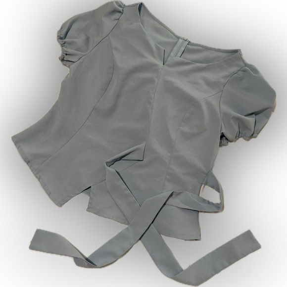 SHEIN Light Blue Puff Sleeve Blouse with Bow Sz Large - Picture 2 of 7